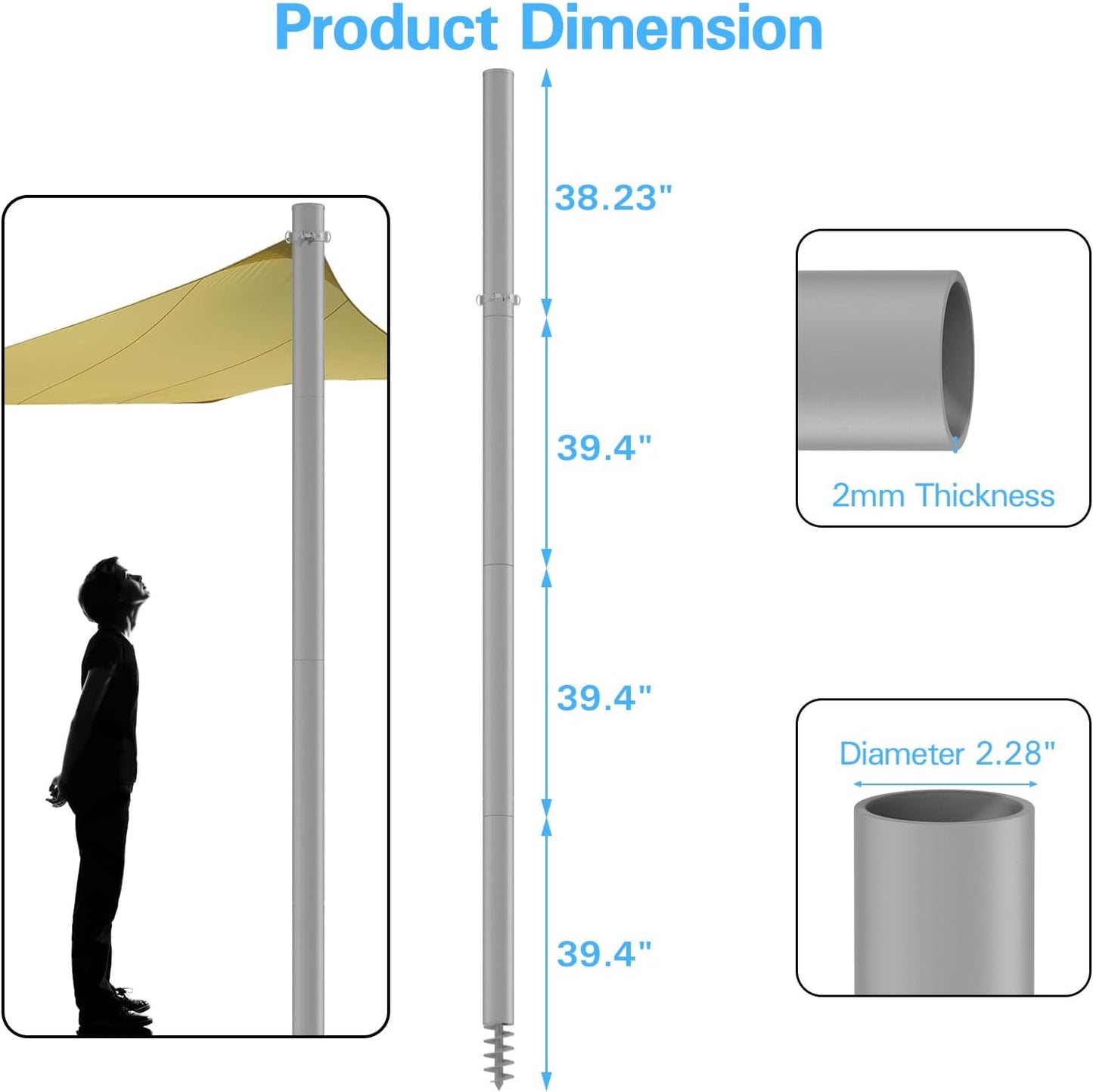 Shade Sail Poles, 12Ft Sun Shade Sail Poles with Spiral Drill Bit, Heavy Duty Shade Sail Post with D-Clamp for Garden Yard Backyard, 2 Pack