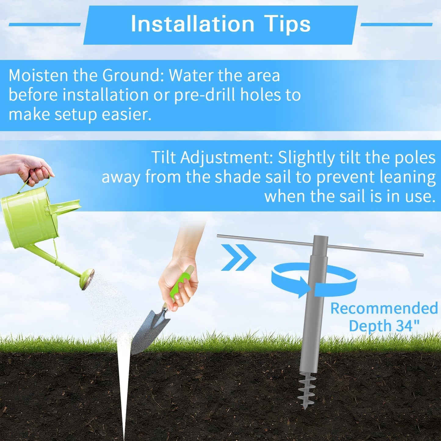 Shade Sail Poles, 12Ft Sun Shade Sail Poles with Spiral Drill Bit, Heavy Duty Shade Sail Post with D-Clamp for Garden Yard Backyard, 2 Pack