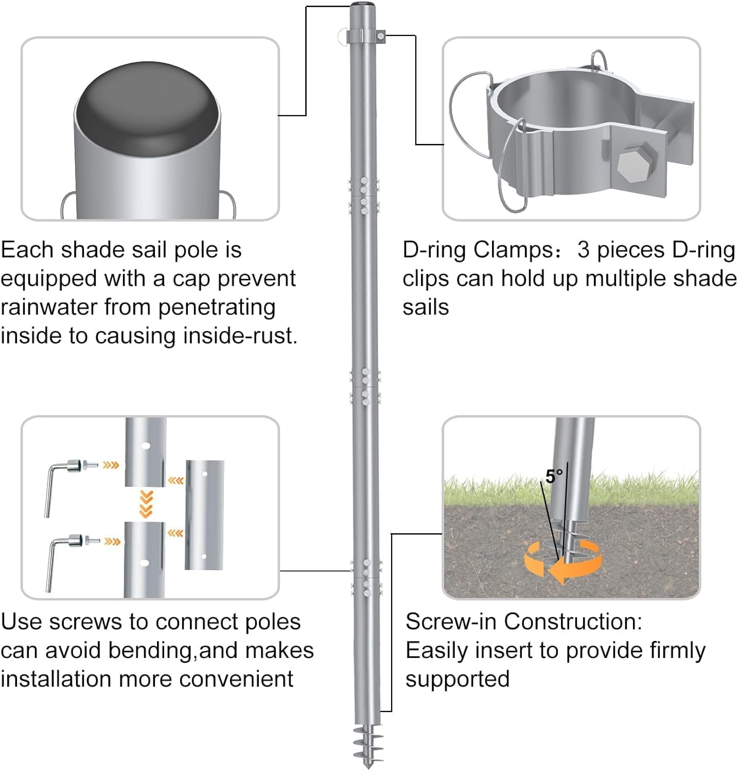 Shade Sail Poles 12 FT, Heavy Duty Sun Sail Poles for Sun Shades Outdoor, with Adjustable D-Clamps, 2.36" Diameter Screw-in Shade Sail Pole Kit for Outdoor, Garden, Backyard, 2 Packs