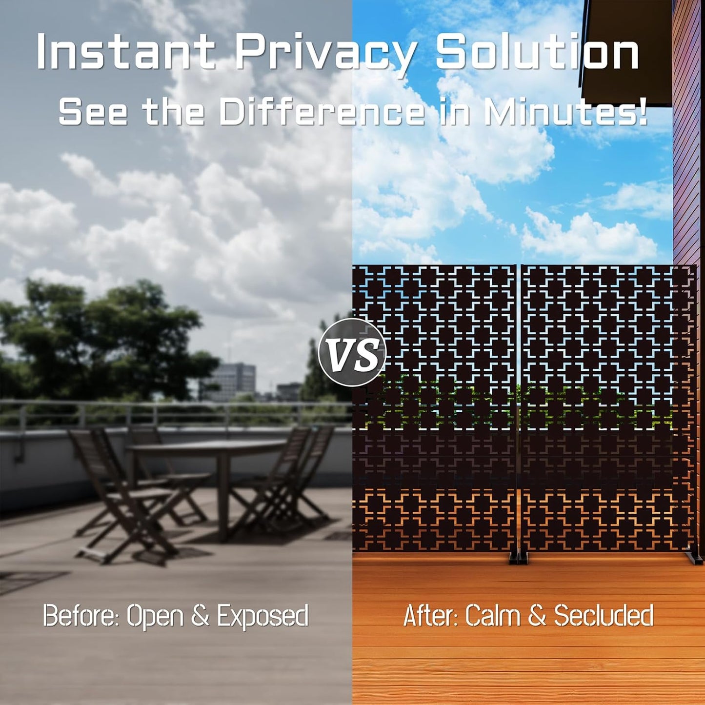 72" Metal Privacy Screen Freestanding Outdoor Room Divider Decorative Laser Cut Fence Panel, Weatherproof Patio Privacy Fence for Garden, Balcony, Backyard Landscape