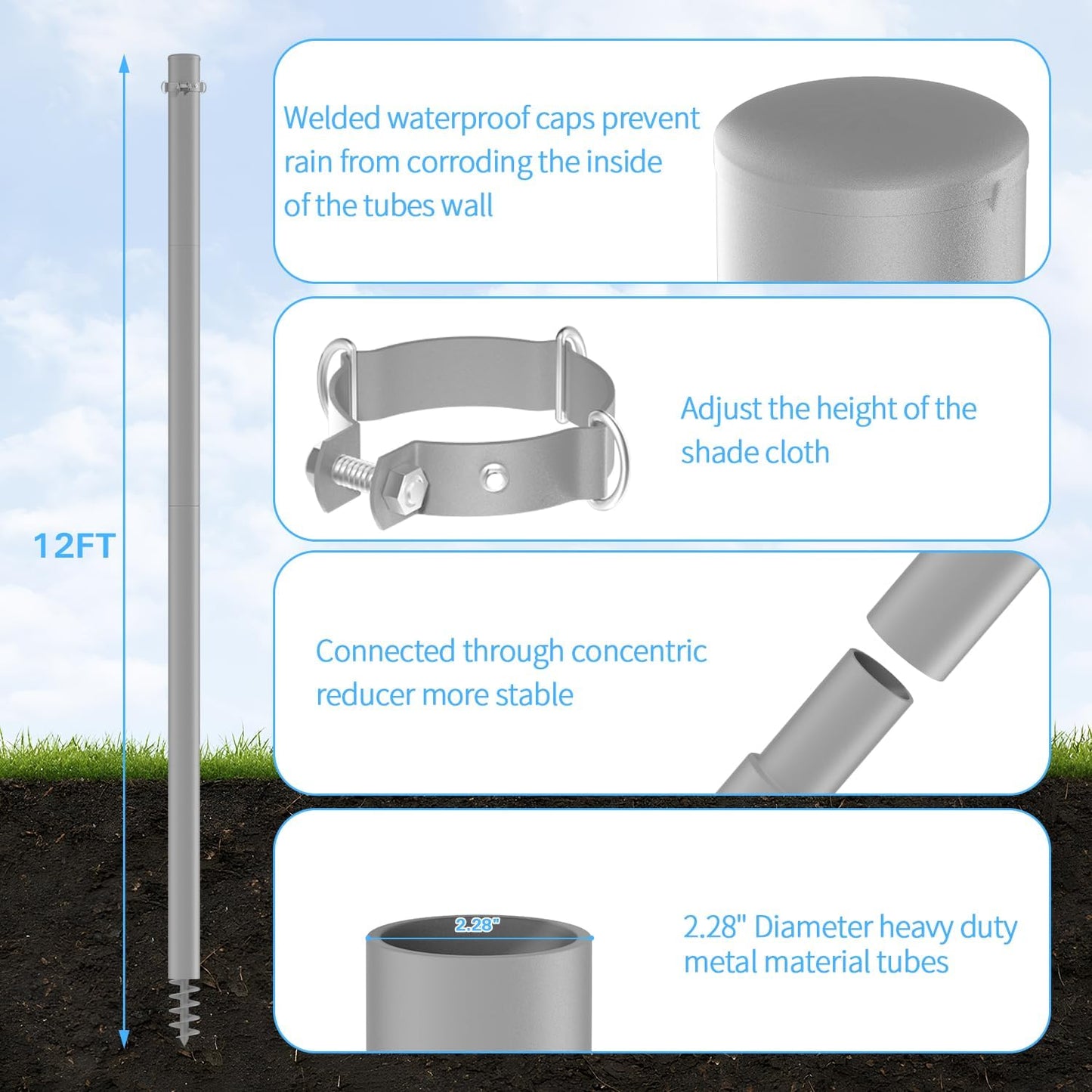 Shade Sail Poles, 12Ft Sun Shade Sail Poles with Spiral Drill Bit, Heavy Duty Shade Sail Post with D-Clamp for Garden Yard Backyard, 2 Pack