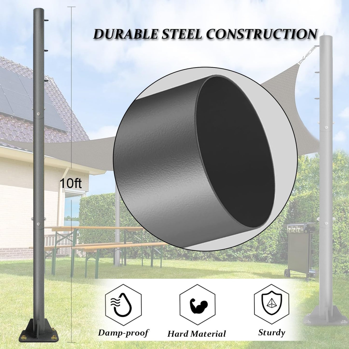 2 Pack Sun Shade Sail Poles - 10ft Outdoor Sunshade Sail Post Support Awning Canopy Heavy Duty Metal Pole Kit for Patio Garden Yard Backyard Grassland