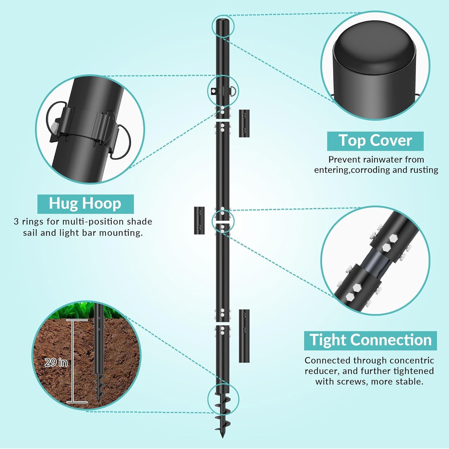 2 Pack 10Ft Shade Sail Poles Outdoor Sun Shade Cloth Pole Kit with D-clamp Heavy Duty Metal Post for Sun Shade Sail String Light Garden Yard Backyard Ground Grassland