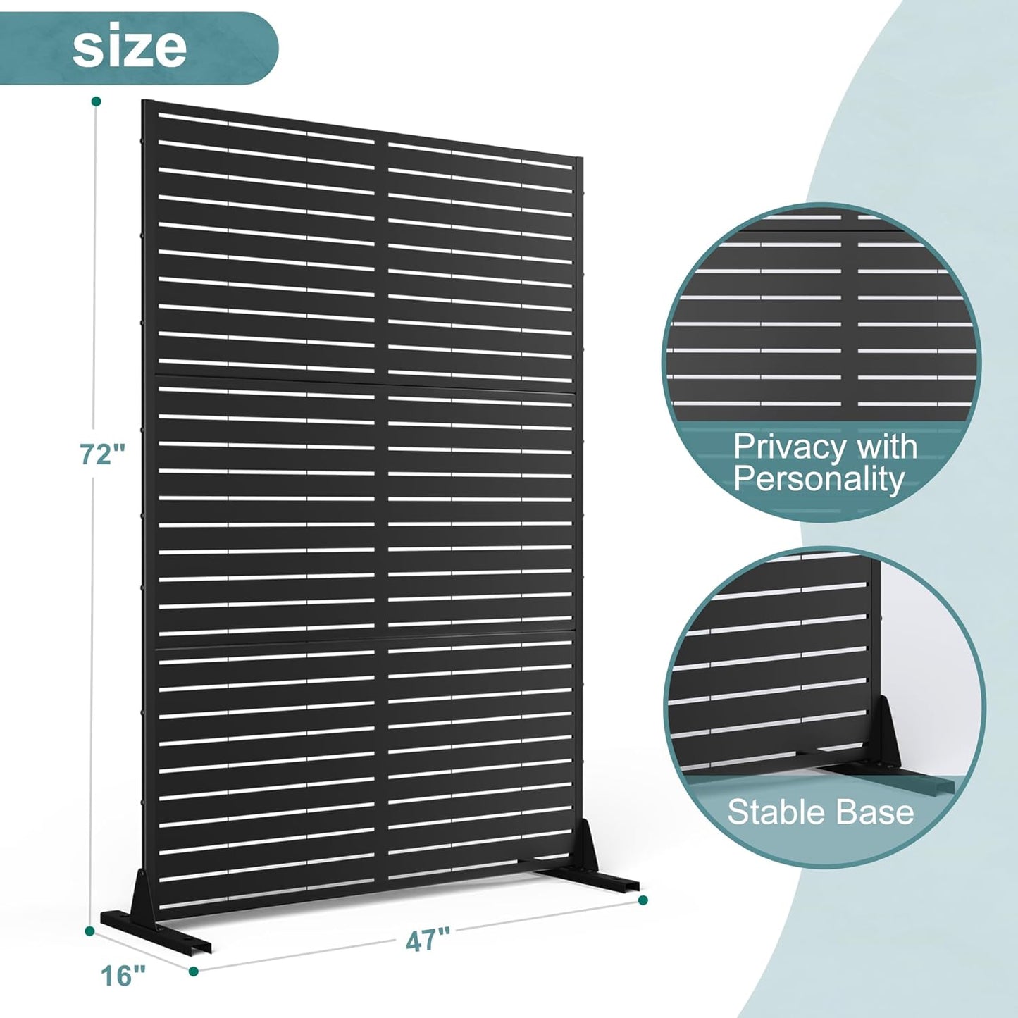 Metal Privacy Screen Outdoor Freestanding Privacy Wall Panels and Decorative Patio Dividers, Crafted from Steel with Sun-Proof Design, Ideal for Patio, Deck, Garden,72"H×47"L(Black&Louvered)