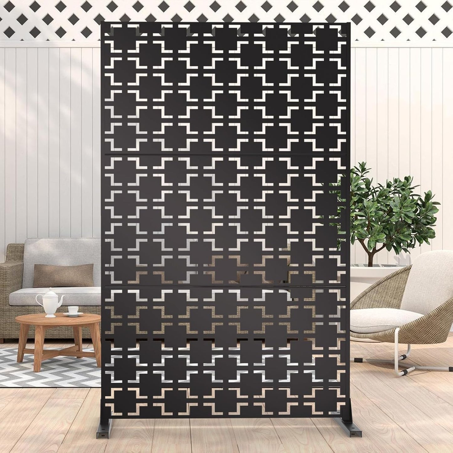 6FT Outdoor Metal Privacy Screen – Decorative Privacy Fence and Room/Garden Divider, Weather-Resistant Freestanding Panel with Stand, Durable Steel for Patio, Garden, Balcony, or Backyard