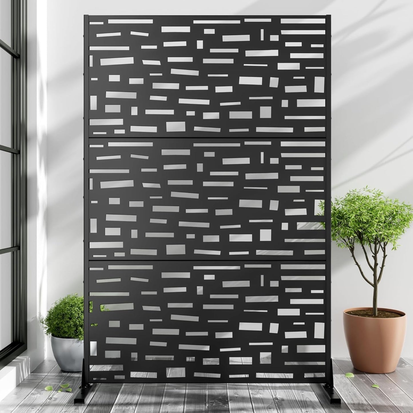 Casaphoria 72" H x 47" W Metal Outdoor Privacy Screen, Freestanding Decorative Divider for Patio, Deck, Balcony, and Garden with Stable Base, Brown Leaves