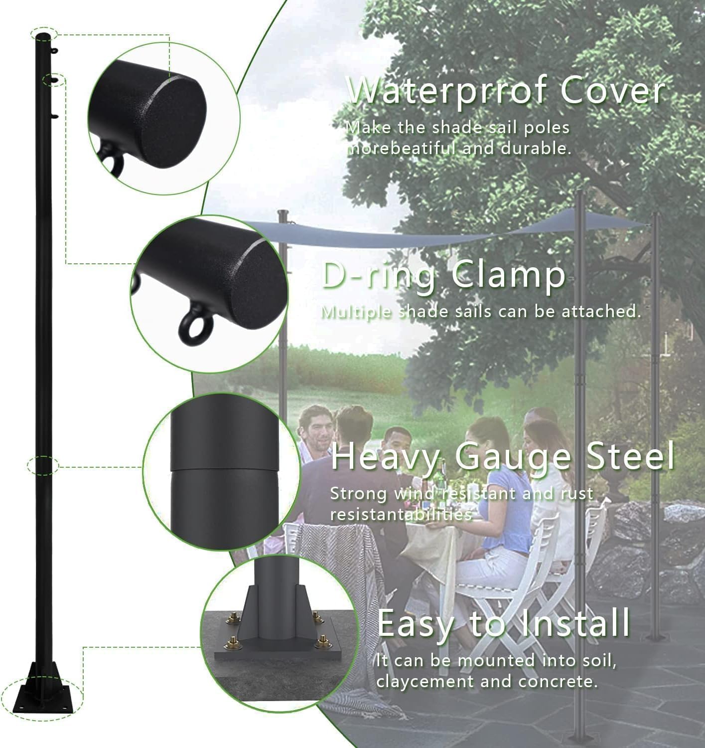 Sun Shade Sail Pole 9Ft Outdoor Sunshade Sail Post Support Awning Canopy Heavy Duty Metal Pole Kit for Outside Patio Garden Deck Playground Backyard