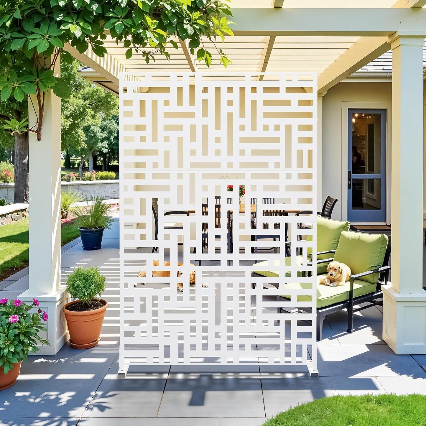 Casaphoria 72" H x 47" W Metal Outdoor Privacy Screen, Freestanding Decorative Divider for Patio, Deck, Balcony, and Garden with Stable Base, Brown Leaves