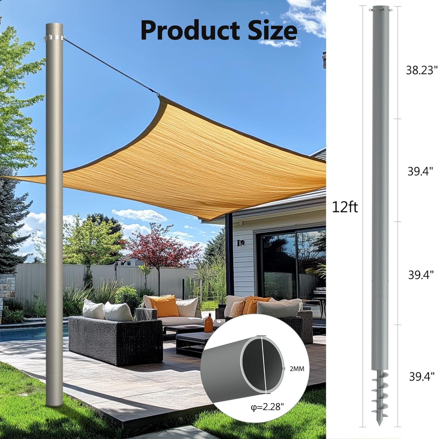 Shade Sail Poles, Heavy Duty Sun Shade Poles, Screw in Poles for Sun Shades Outdoor, 12 Ft Sun Shade Sail Poles with D-Clamps, 2.28" Sun Shade Pole Kit for Ground Soil Backyard, 2 Packs
