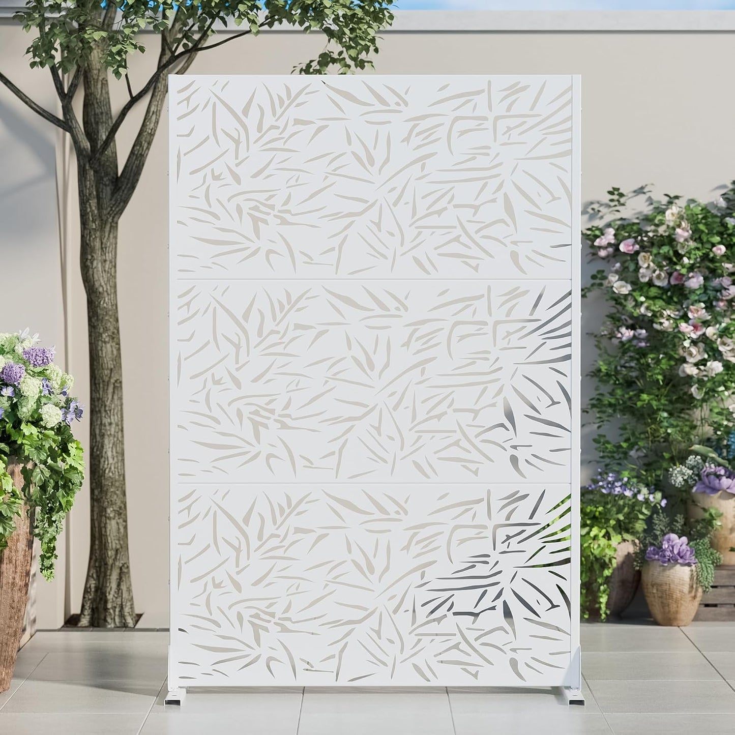 Casaphoria 72" H x 47" W Metal Outdoor Privacy Screen, Freestanding Decorative Divider for Patio, Deck, Balcony, and Garden with Stable Base, Brown Leaves