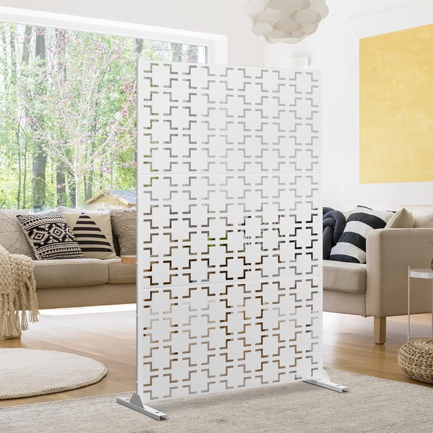 Metal Privacy Screen Outdoor 72" H×47" W,Freestanding Decorative Privacy Screen for Balcony Yard&Garden,Privacy Fence-Black&Louvered