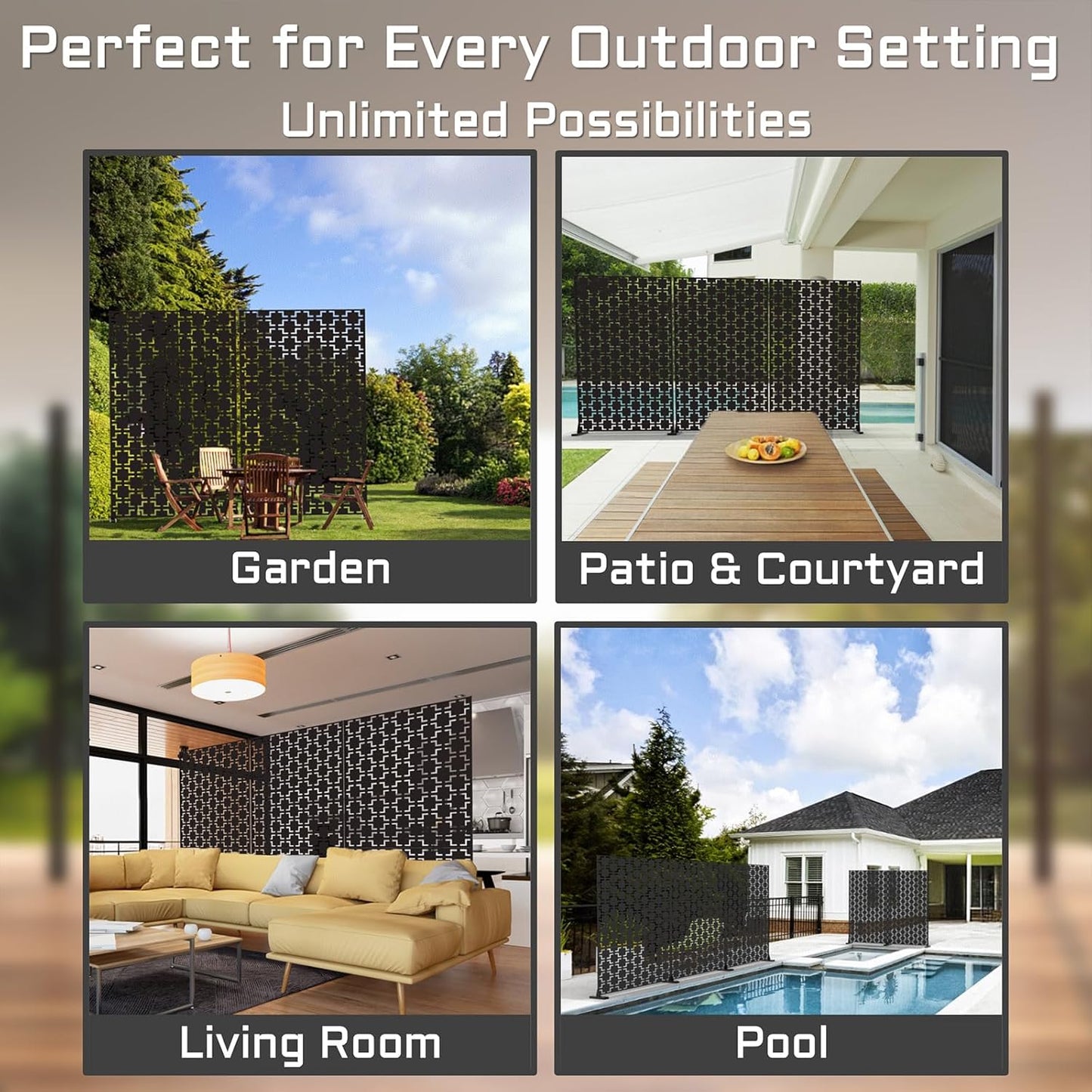 72" Metal Privacy Screen Freestanding Outdoor Room Divider Decorative Laser Cut Fence Panel, Weatherproof Patio Privacy Fence for Garden, Balcony, Backyard Landscape