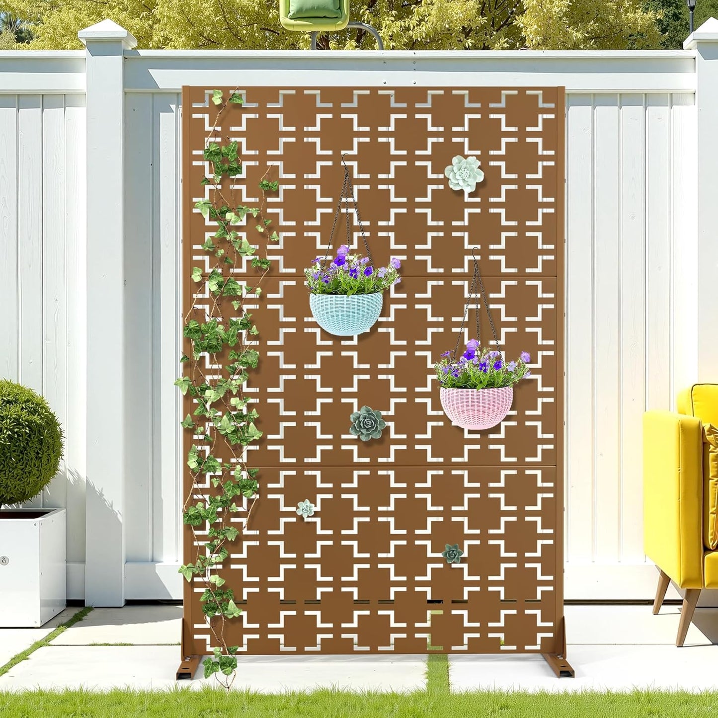 Metal Privacy Screen Outdoor Privacy Screen, Freestanding Fence Panel for Outside, 72''H×44''W, Decorative Screen Panel for Backyard/Patio/Deck