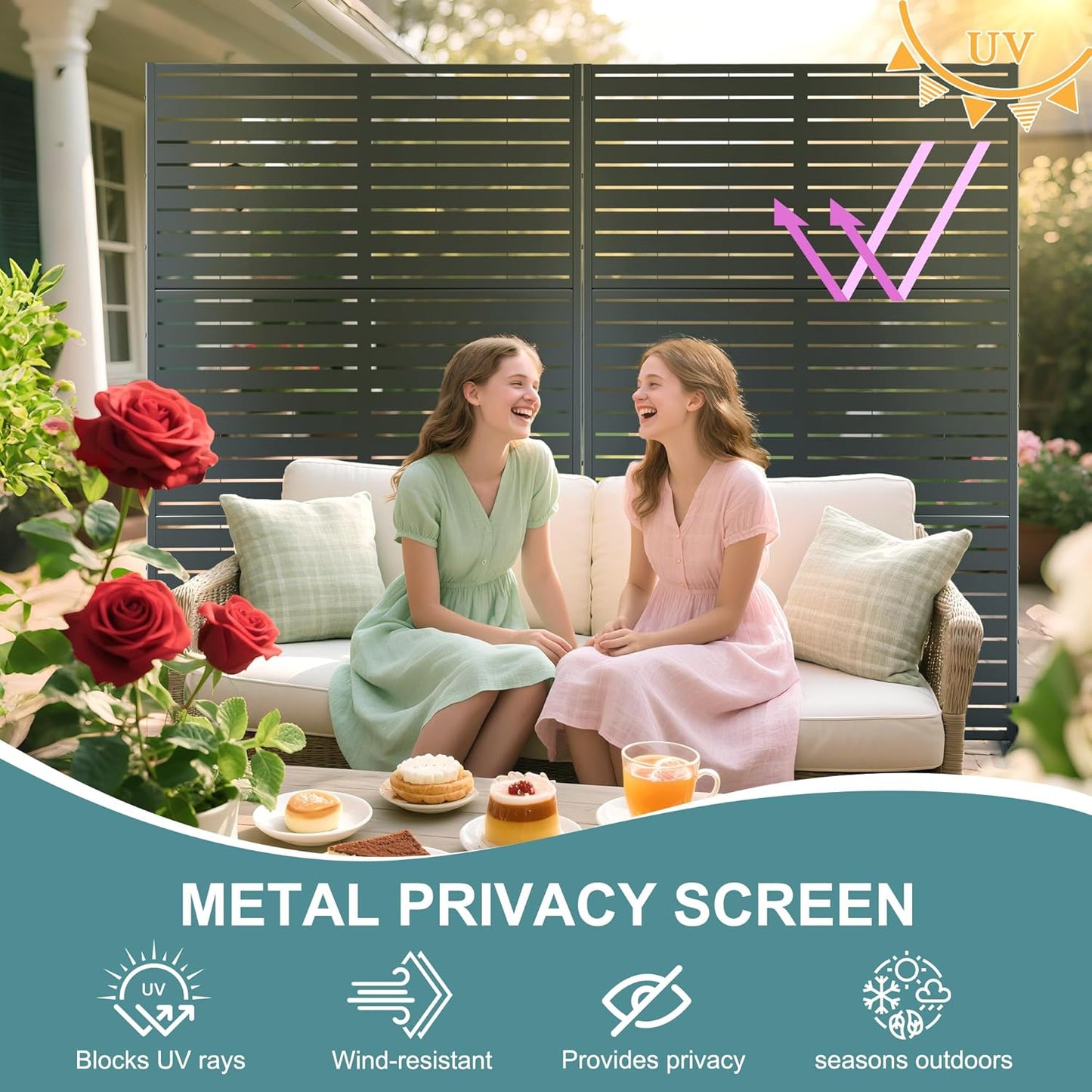 Metal Privacy Screen Outdoor Freestanding Privacy Wall Panels and Decorative Patio Dividers, Crafted from Steel with Sun-Proof Design, Ideal for Patio, Deck, Garden,72"H×47"L(Black&Louvered)