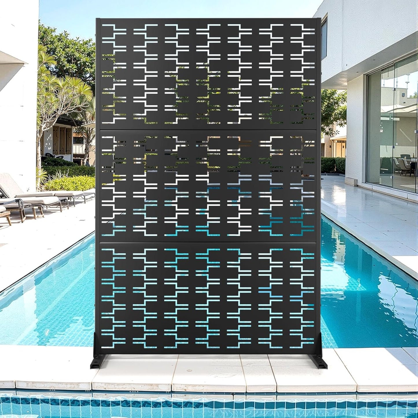 Metal Privacy Screen for Outdoor & Indoor Use, Free Standing Privacy Screen for Patio Garden Pool, 72" H x 47" W Decoative Privacy Panels, Weather Resistant, Easy Assembly (Oak Grain)