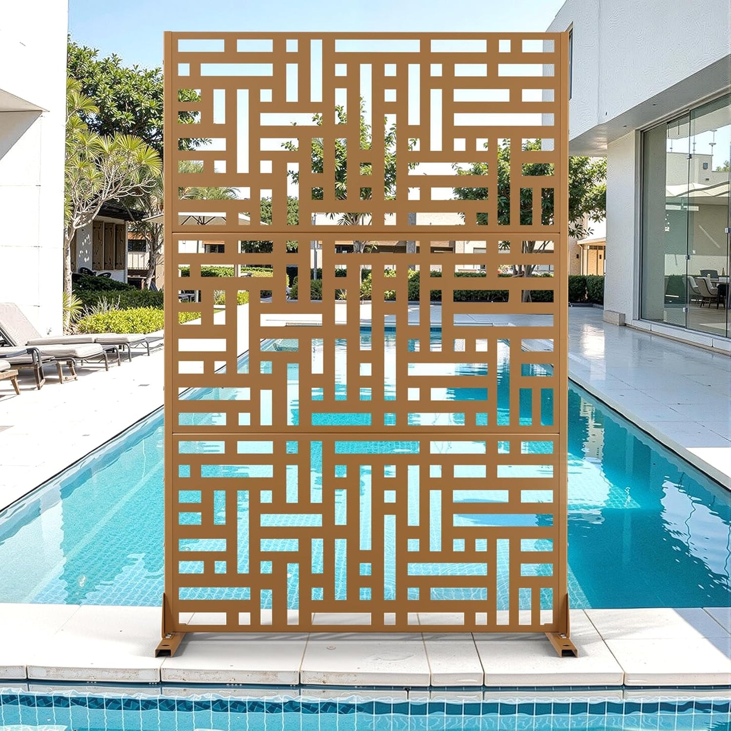 Metal Privacy Screen for Outdoor & Indoor Use, Free Standing Privacy Screen for Patio Garden Pool, 72" H x 47" W Decoative Privacy Panels, Weather Resistant, Easy Assembly (Oak Grain)