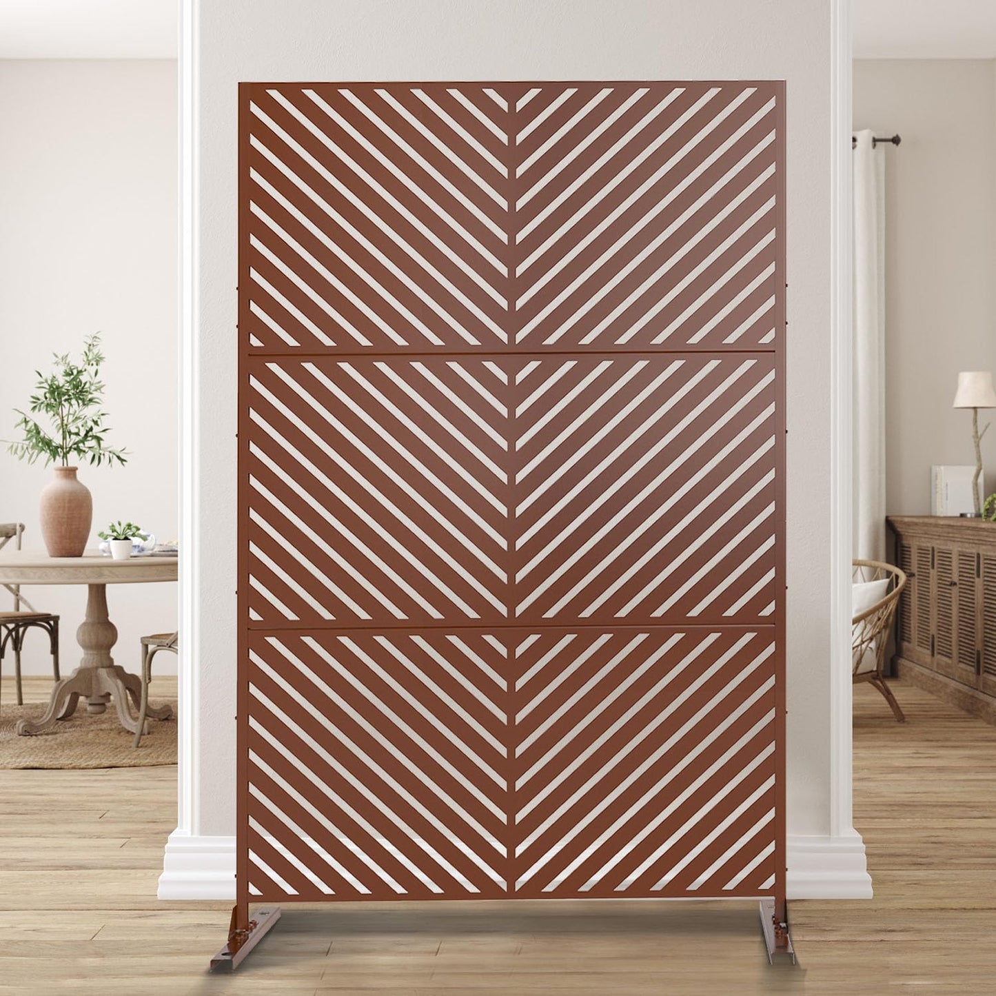 Casaphoria 72" H x 47" W Metal Outdoor Privacy Screen, Freestanding Decorative Divider for Patio, Deck, Balcony, and Garden with Stable Base, Brown Leaves