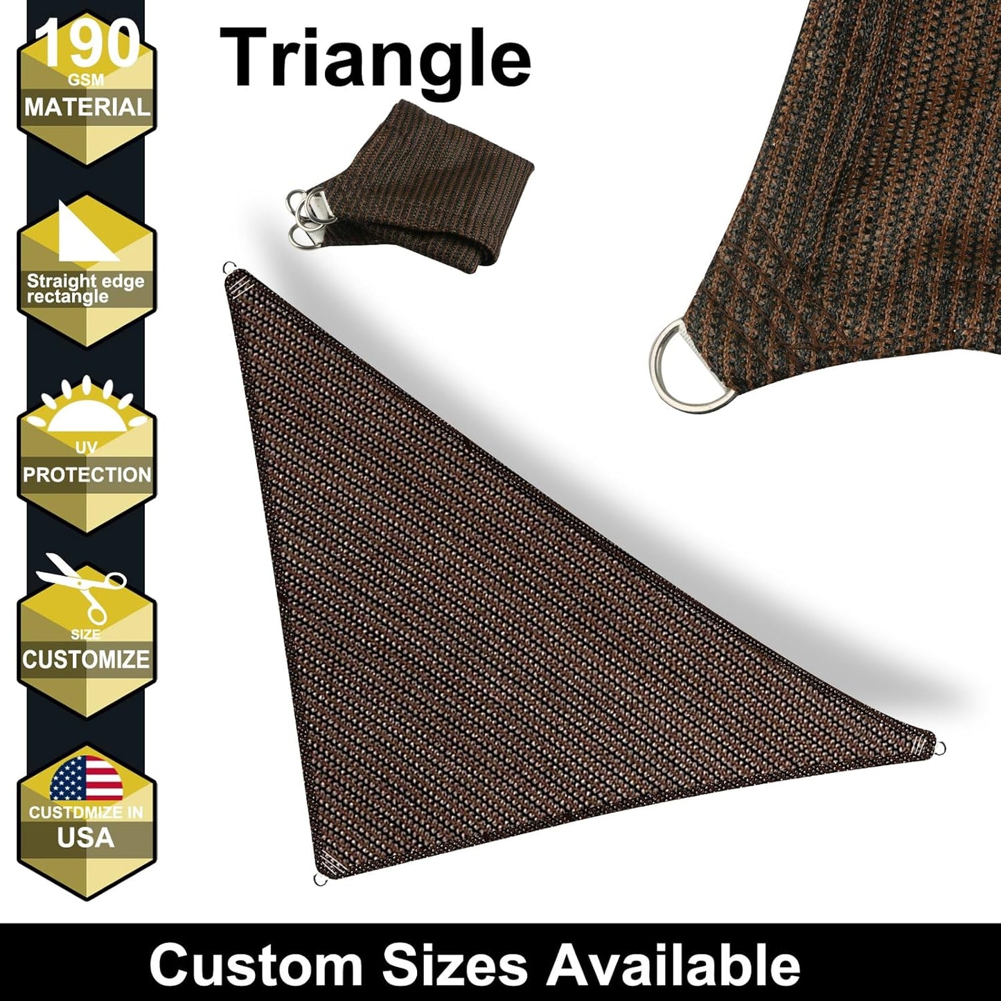 5' x 5' x 7.1' Brown Straight Edge Sun Shade Sail, Triangle Awning Outdoor Shade Cloth Pergola Cover UV Block Fabric- Customized