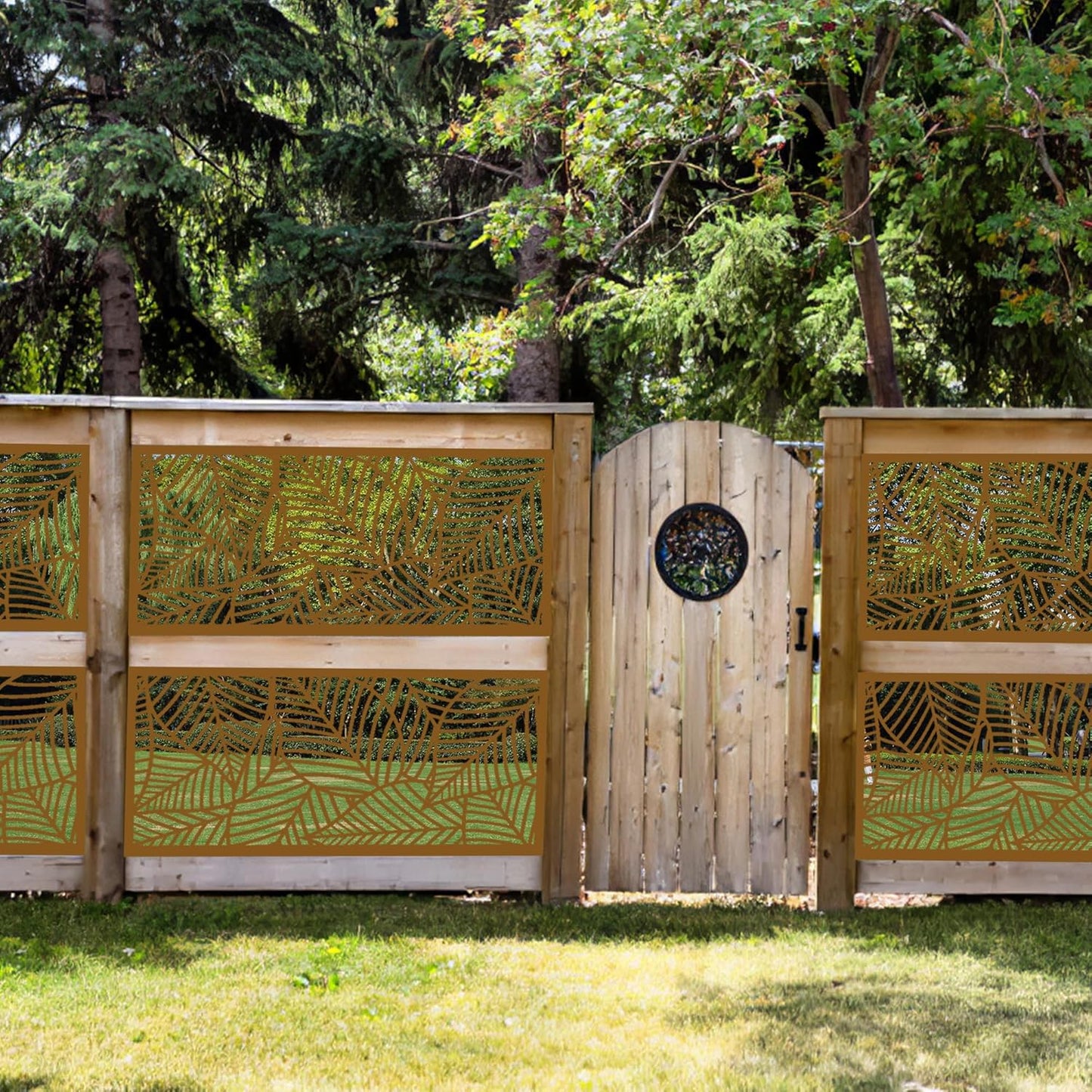 Casaphoria 72" H x 47" W Metal Outdoor Privacy Screen, Freestanding Decorative Divider for Patio, Deck, Balcony, and Garden with Stable Base, Brown Leaves