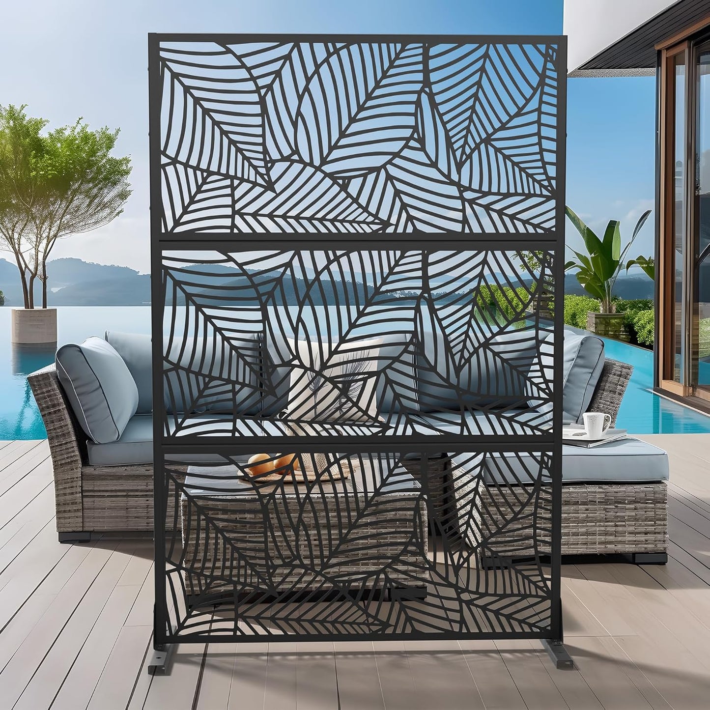Casaphoria 72" H x 47" W Metal Outdoor Privacy Screen, Freestanding Decorative Divider for Patio, Deck, Balcony, and Garden with Stable Base, Brown Leaves