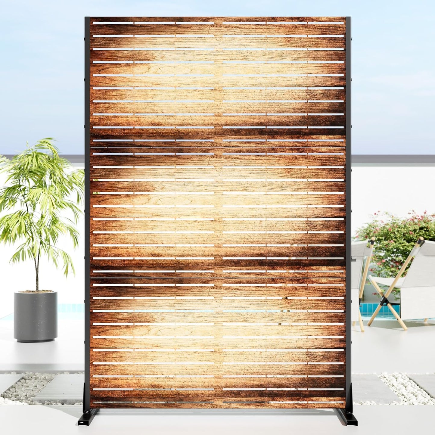 Casaphoria 72" H x 47" W Metal Outdoor Privacy Screen, Freestanding Decorative Divider for Patio, Deck, Balcony, and Garden with Stable Base, Brown Leaves