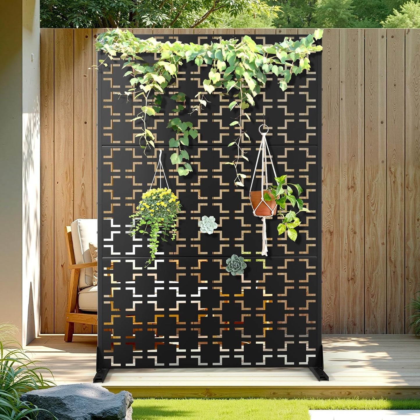 Metal Privacy Screen Outdoor Privacy Screen, Freestanding Fence Panel for Outside, 72''H×44''W, Decorative Screen Panel for Backyard/Patio/Deck