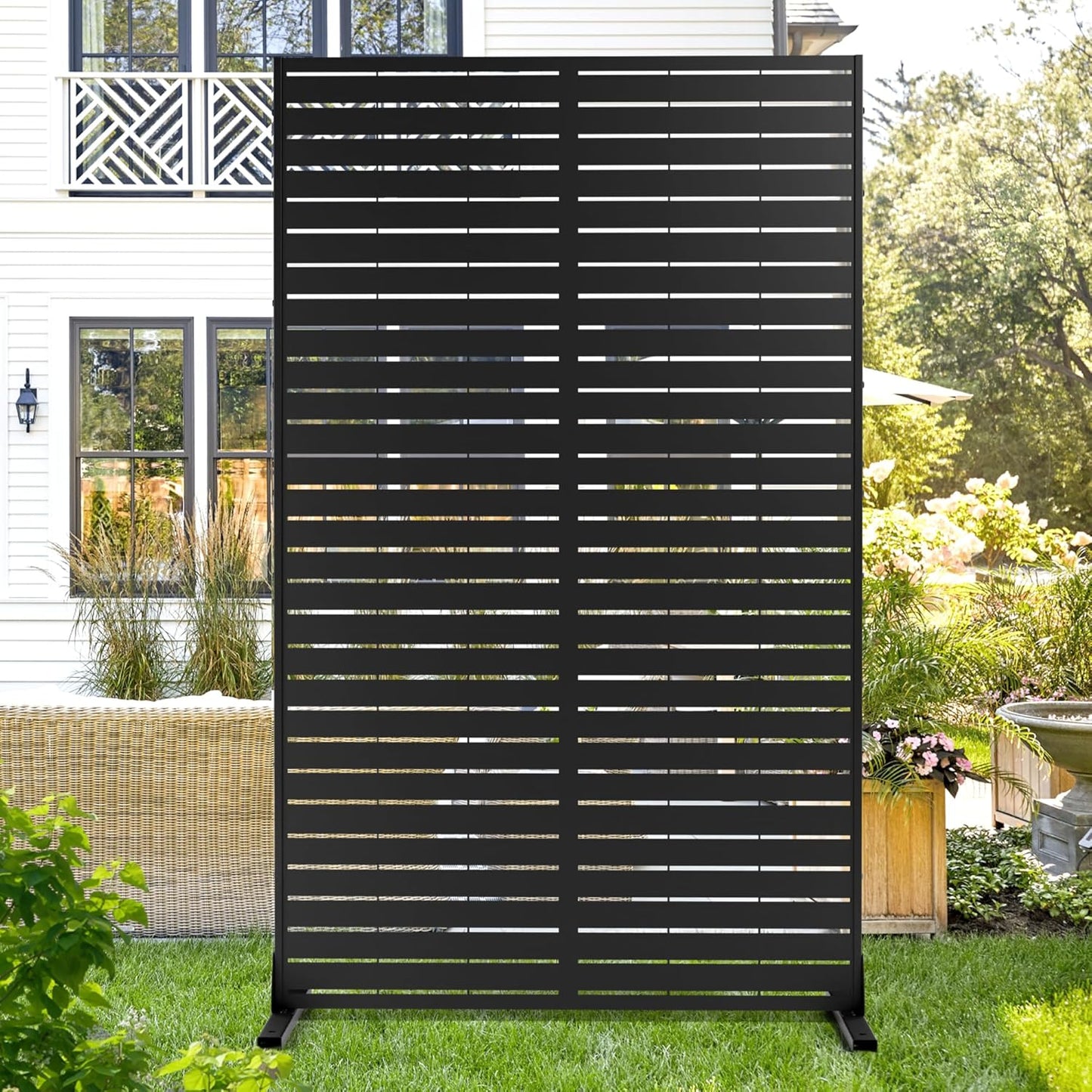 Metal Privacy Screen Outdoor 72" H×47" W,Freestanding Decorative Privacy Screen for Balcony Yard&Garden,Privacy Fence-Black&Louvered