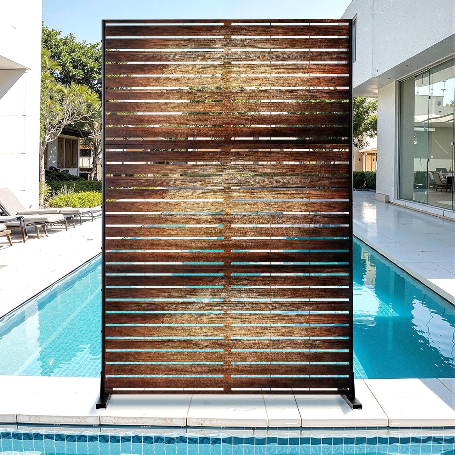 Metal Privacy Screen for Outdoor & Indoor Use, Free Standing Privacy Screen for Patio Garden Pool, 72" H x 47" W Decoative Privacy Panels, Weather Resistant, Easy Assembly (Oak Grain)
