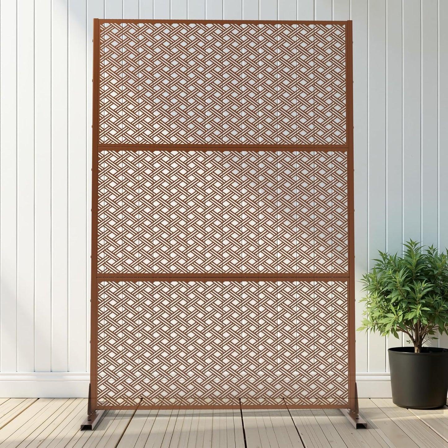Casaphoria 72" H x 47" W Metal Outdoor Privacy Screen, Freestanding Decorative Divider for Patio, Deck, Balcony, and Garden with Stable Base, Brown Leaves