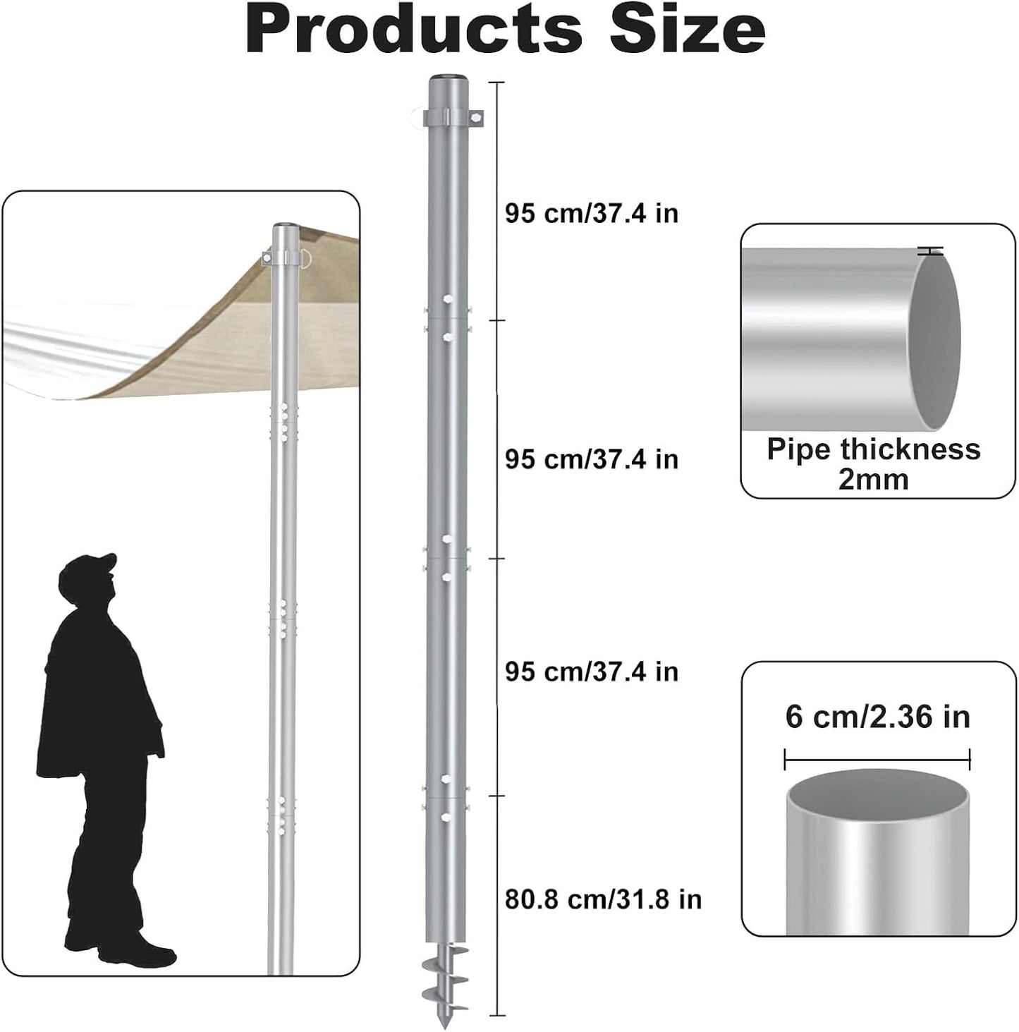 Shade Sail Poles 12 FT, Heavy Duty Sun Sail Poles for Sun Shades Outdoor, with Adjustable D-Clamps, 2.36" Diameter Screw-in Shade Sail Pole Kit for Outdoor, Garden, Backyard, 2 Packs