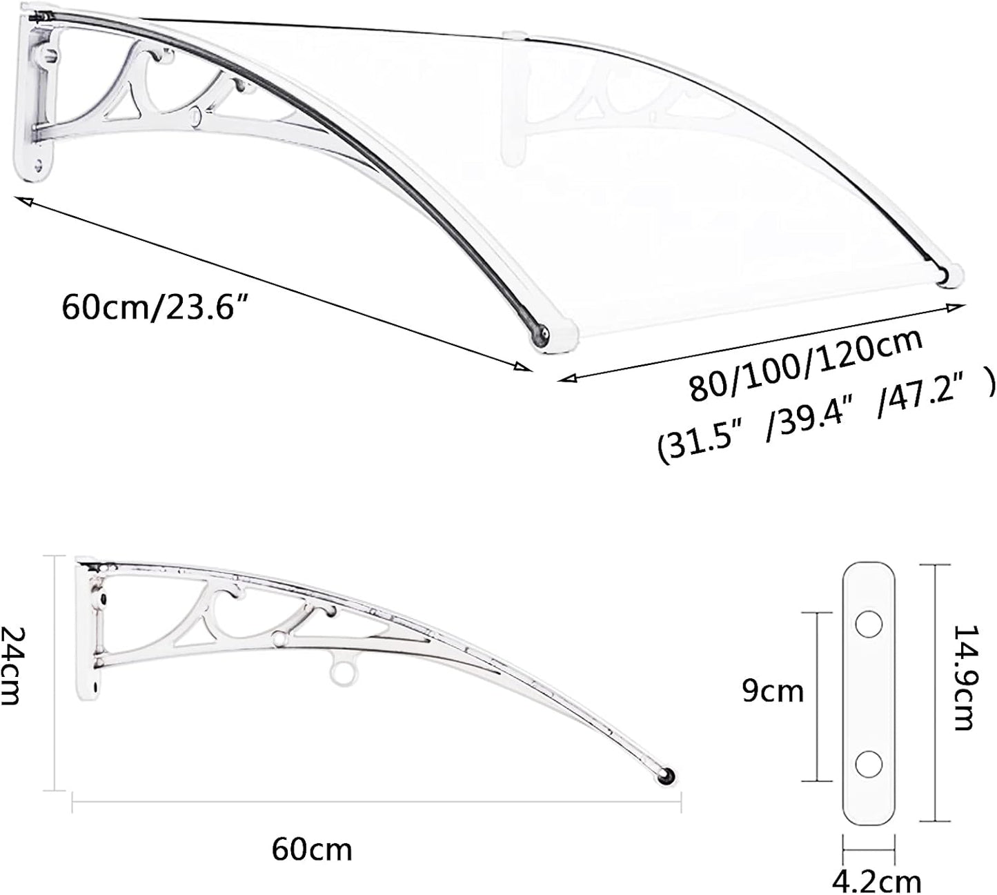 Window Awning, Polycarbonate Door Canopy, Outdoor Front Door Terrace Sunshade, with Aluminum Alloy Black Bracket, Size Optional (blackTransparent)