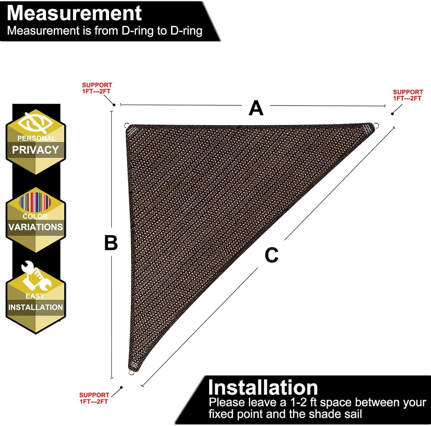 5' x 5' x 7.1' Brown Straight Edge Sun Shade Sail, Triangle Awning Outdoor Shade Cloth Pergola Cover UV Block Fabric- Customized