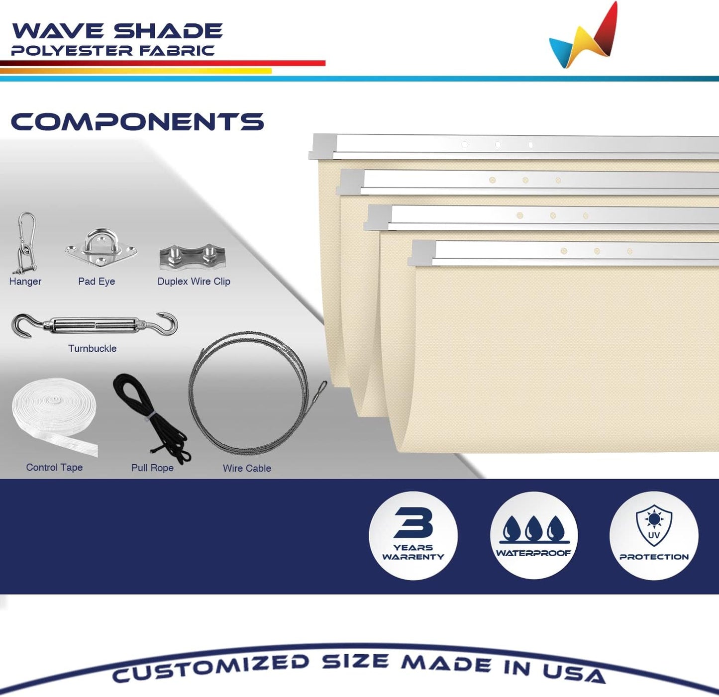 Windscreen4less 7' x 16' Waterproof Retractable Sun Shade Canopy Cover Sliding Wave Shade Sail for Pergola Patio Deck Yard Gazebo Outdoor (Beige)