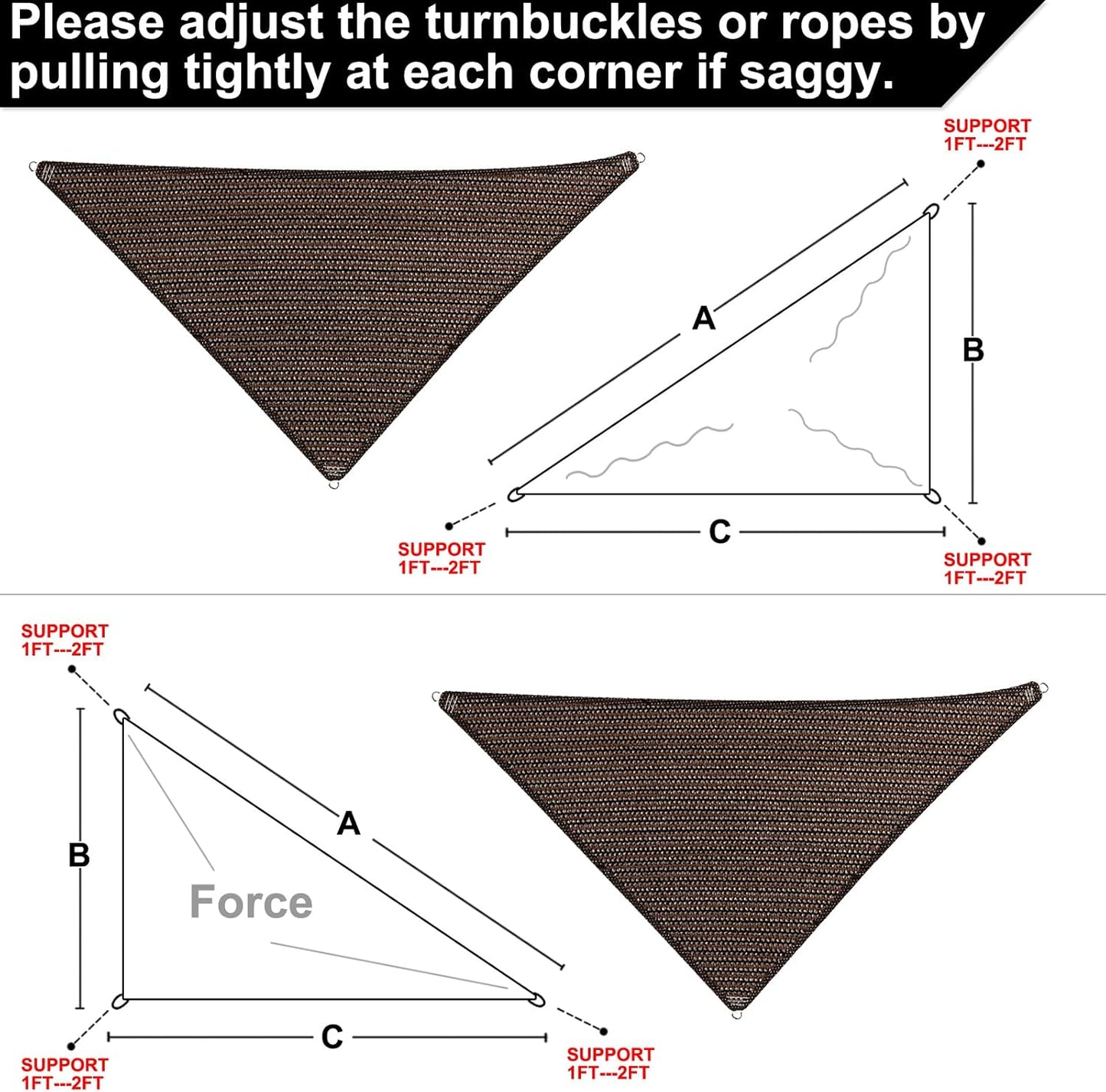 5' x 5' x 7.1' Brown Straight Edge Sun Shade Sail, Triangle Awning Outdoor Shade Cloth Pergola Cover UV Block Fabric- Customized