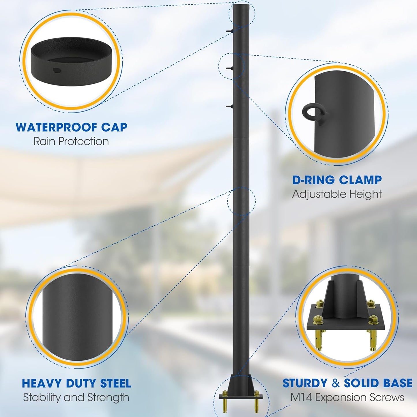 2 Pack Shade Sail Poles, 10 FT Outdoor Sun Shade Poles for Deck, 2.4" Diameter Steel Heavy Duty Shade Pole Kit for Outdoor Shade in Ground and Backyards, Patio, Deck, Black Three Ring Sun Shade Pole