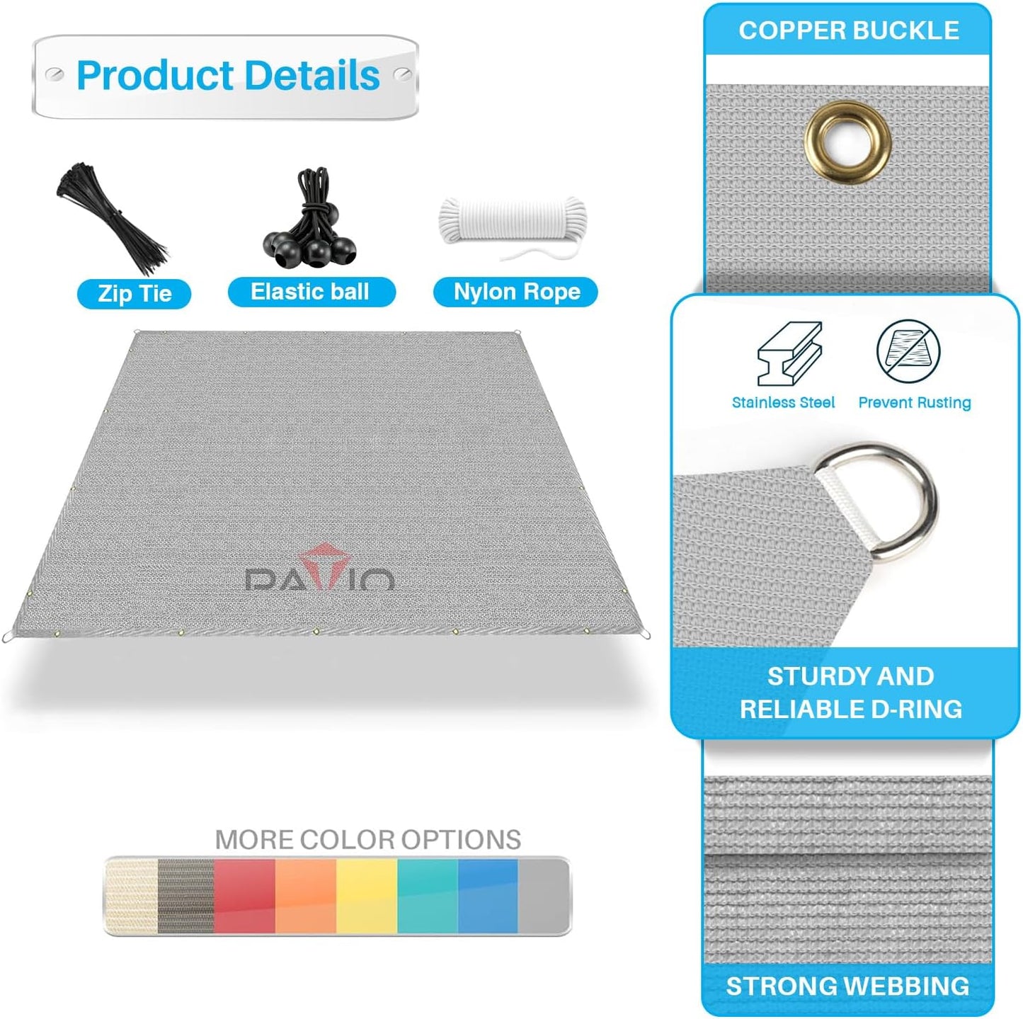 Patio Paradise 15' x 25' Sun Shade Cloth with Grommets Rectangle Shade Sail Canopy Pergola Cover with Straight Edge, UV Block Fabric for Backyard Deck Outdoor Activities, Light Grey