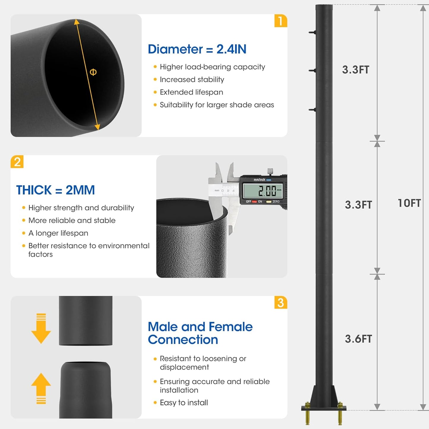 2 Pack Shade Sail Poles, 10 FT Outdoor Sun Shade Poles for Deck, 2.4" Diameter Steel Heavy Duty Shade Pole Kit for Outdoor Shade in Ground and Backyards, Patio, Deck, Black Three Ring Sun Shade Pole