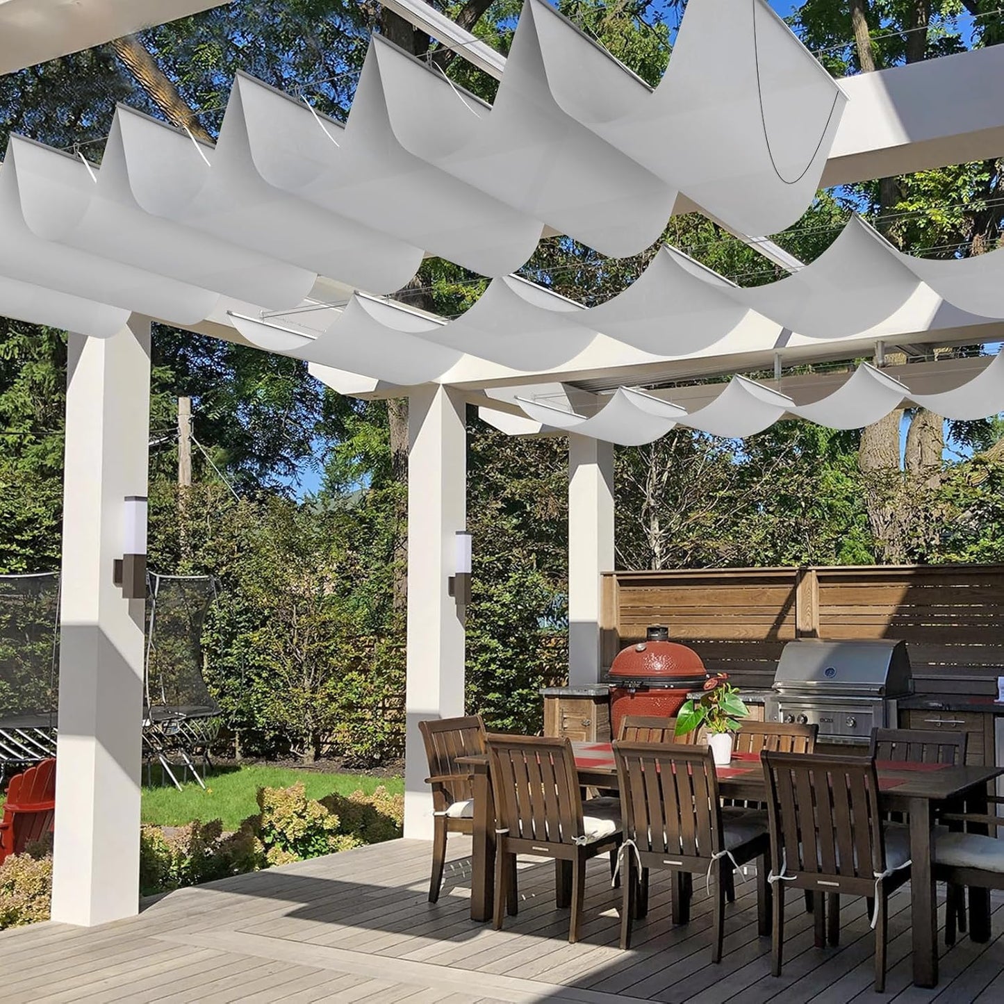 Windscreen4less 7' x 16' Waterproof Retractable Sun Shade Canopy Cover Sliding Wave Shade Sail for Pergola Patio Deck Yard Gazebo Outdoor (Beige)