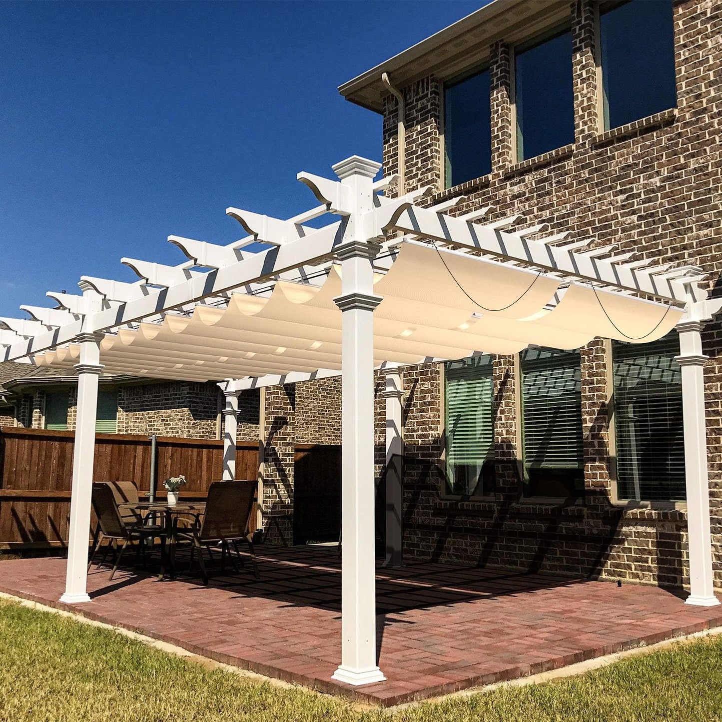 Windscreen4less 7' x 16' Waterproof Retractable Sun Shade Canopy Cover Sliding Wave Shade Sail for Pergola Patio Deck Yard Gazebo Outdoor (Beige)