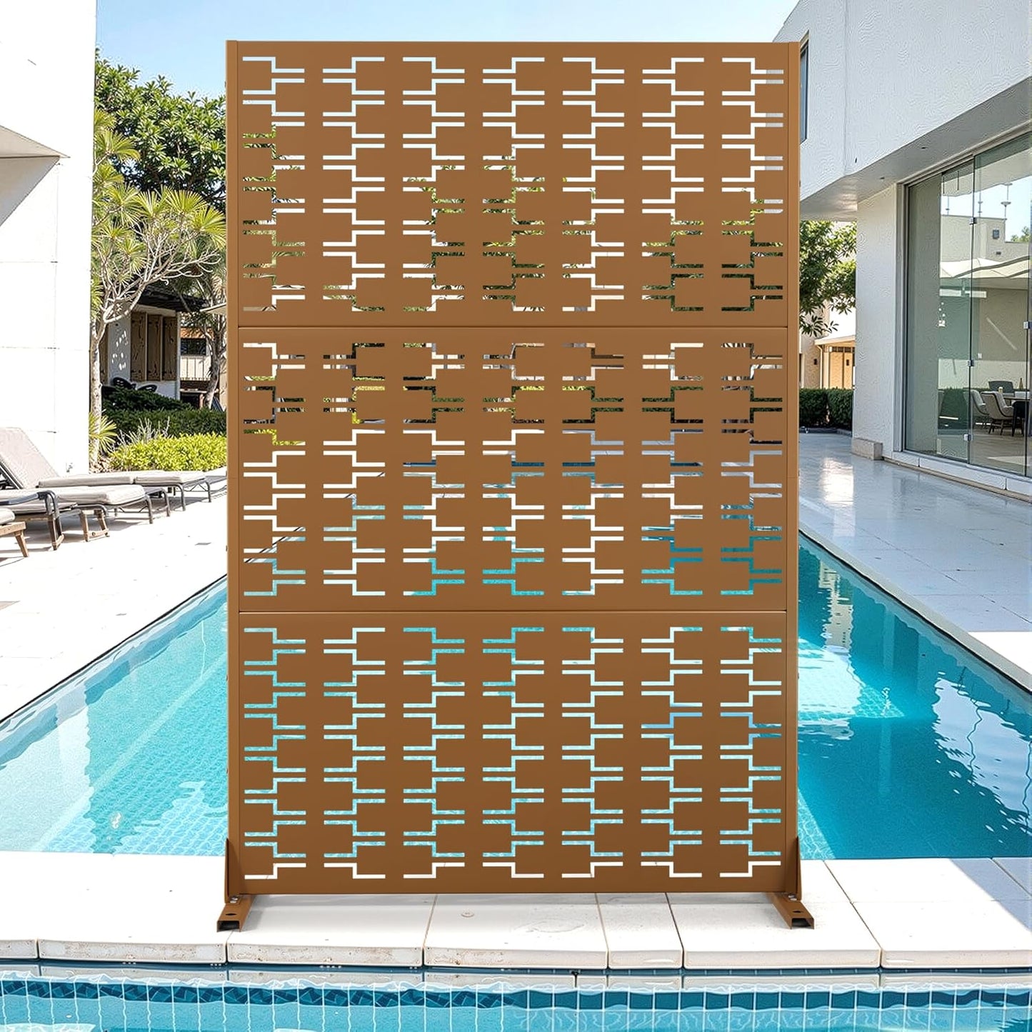 Metal Privacy Screen for Outdoor & Indoor Use, Free Standing Privacy Screen for Patio Garden Pool, 72" H x 47" W Decoative Privacy Panels, Weather Resistant, Easy Assembly (Oak Grain)