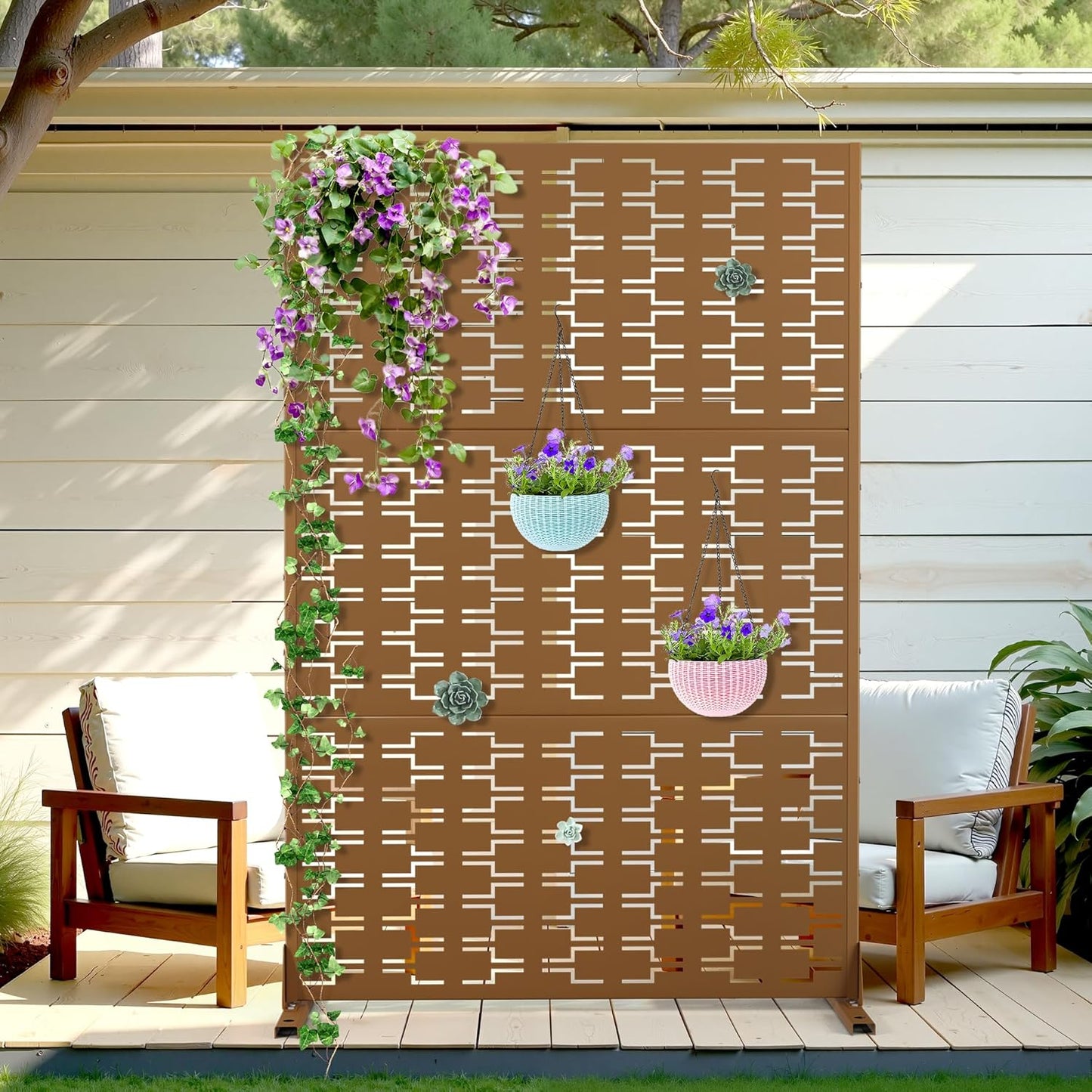 Metal Privacy Screen Outdoor Privacy Screen, Freestanding Fence Panel for Outside, 72''H×44''W, Decorative Screen Panel for Backyard/Patio/Deck