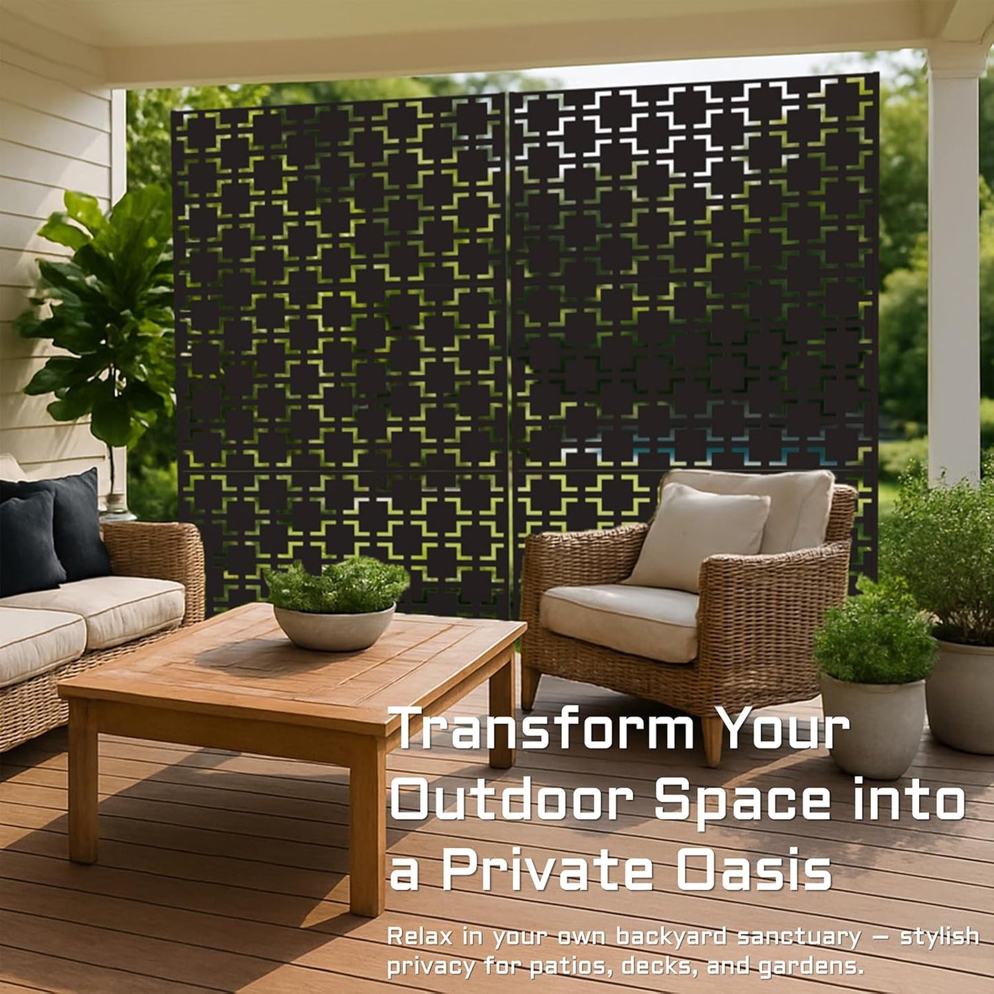 72" Metal Privacy Screen Freestanding Outdoor Room Divider Decorative Laser Cut Fence Panel, Weatherproof Patio Privacy Fence for Garden, Balcony, Backyard Landscape