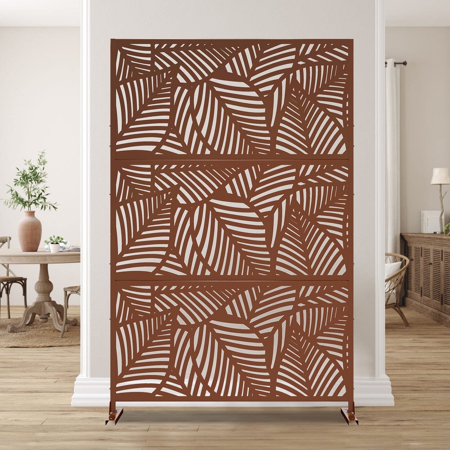 Casaphoria 72" H x 47" W Metal Outdoor Privacy Screen, Freestanding Decorative Divider for Patio, Deck, Balcony, and Garden with Stable Base, Brown Leaves