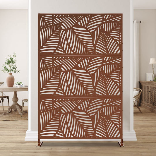 Casaphoria 72" H x 47" W Metal Outdoor Privacy Screen, Freestanding Decorative Divider for Patio, Deck, Balcony, and Garden with Stable Base, Brown Leaves
