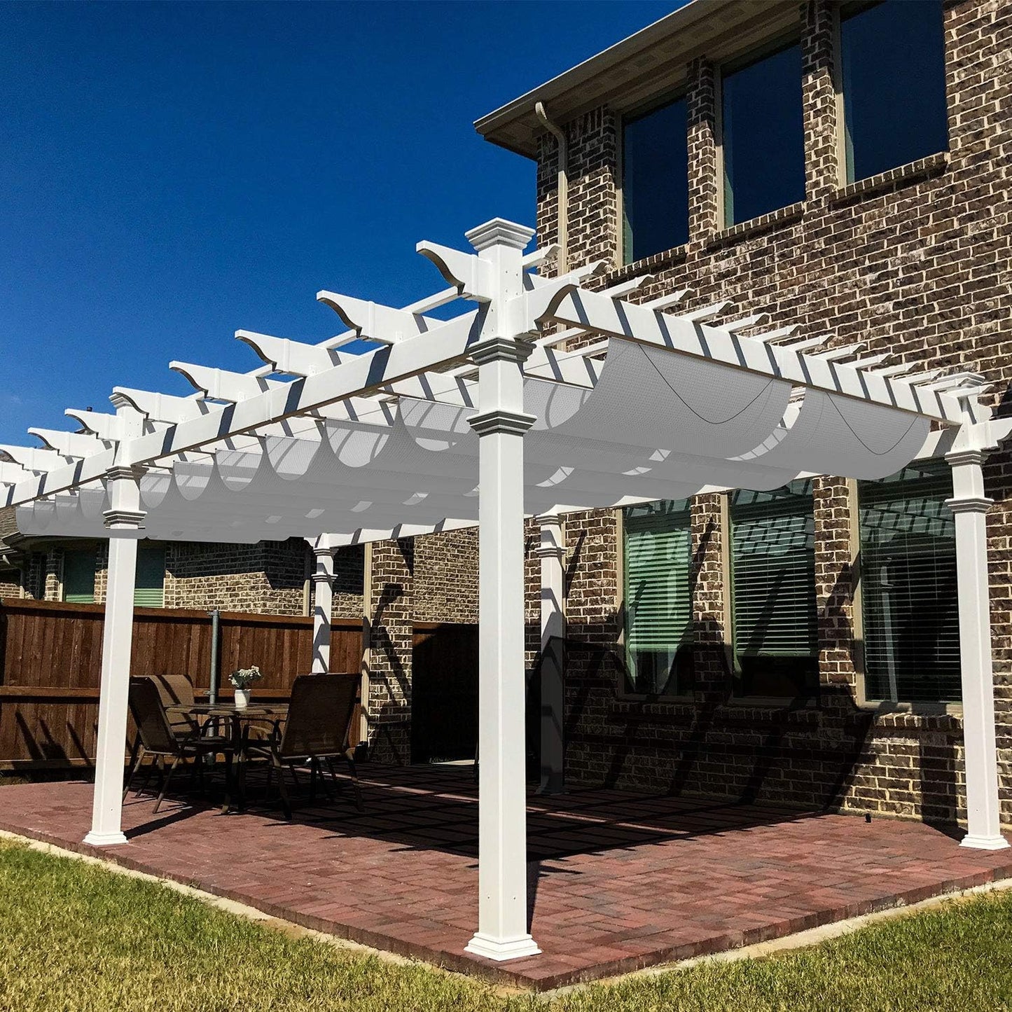 Windscreen4less 7' x 16' Waterproof Retractable Sun Shade Canopy Cover Sliding Wave Shade Sail for Pergola Patio Deck Yard Gazebo Outdoor (Beige)