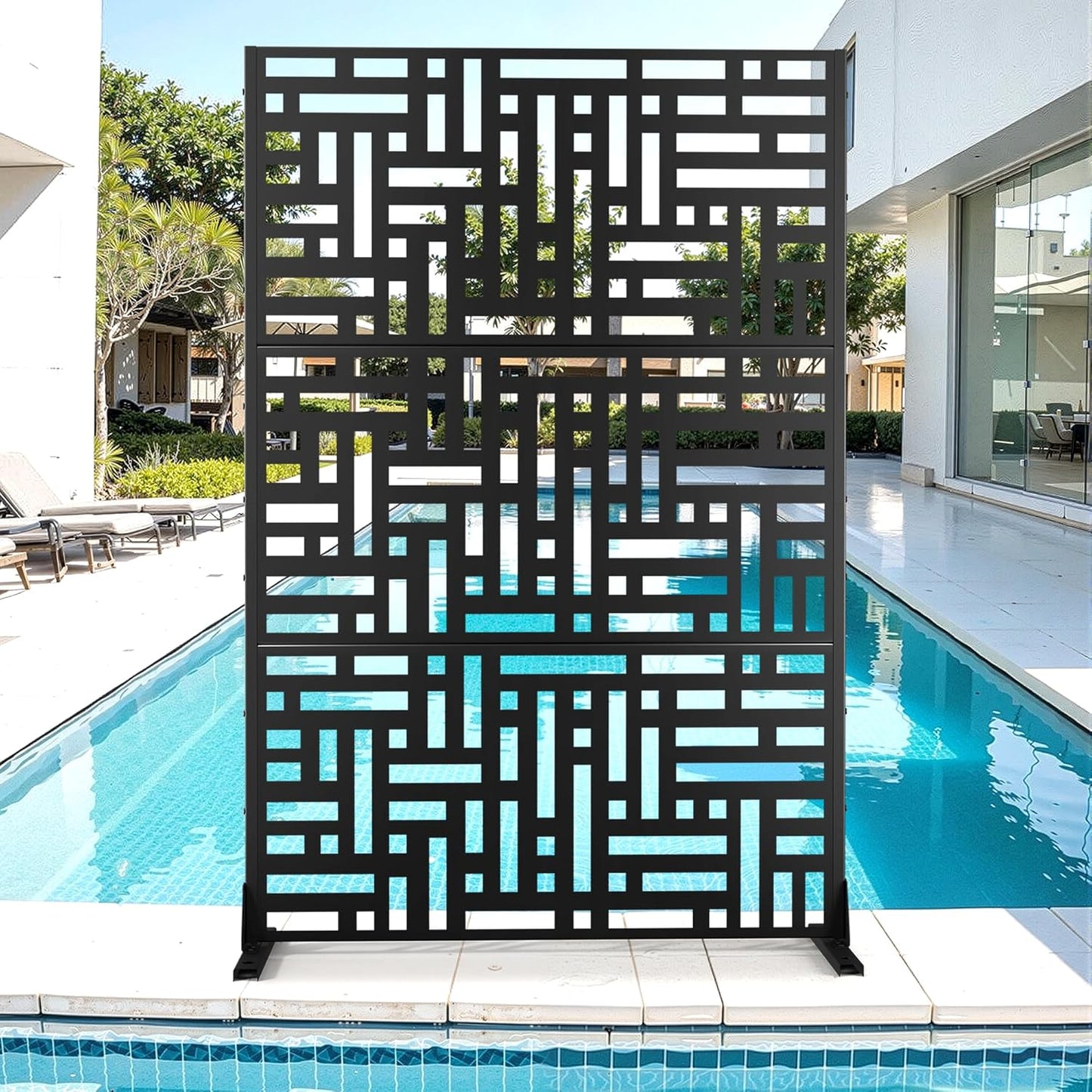 Metal Privacy Screen for Outdoor & Indoor Use, Free Standing Privacy Screen for Patio Garden Pool, 72" H x 47" W Decoative Privacy Panels, Weather Resistant, Easy Assembly (Oak Grain)