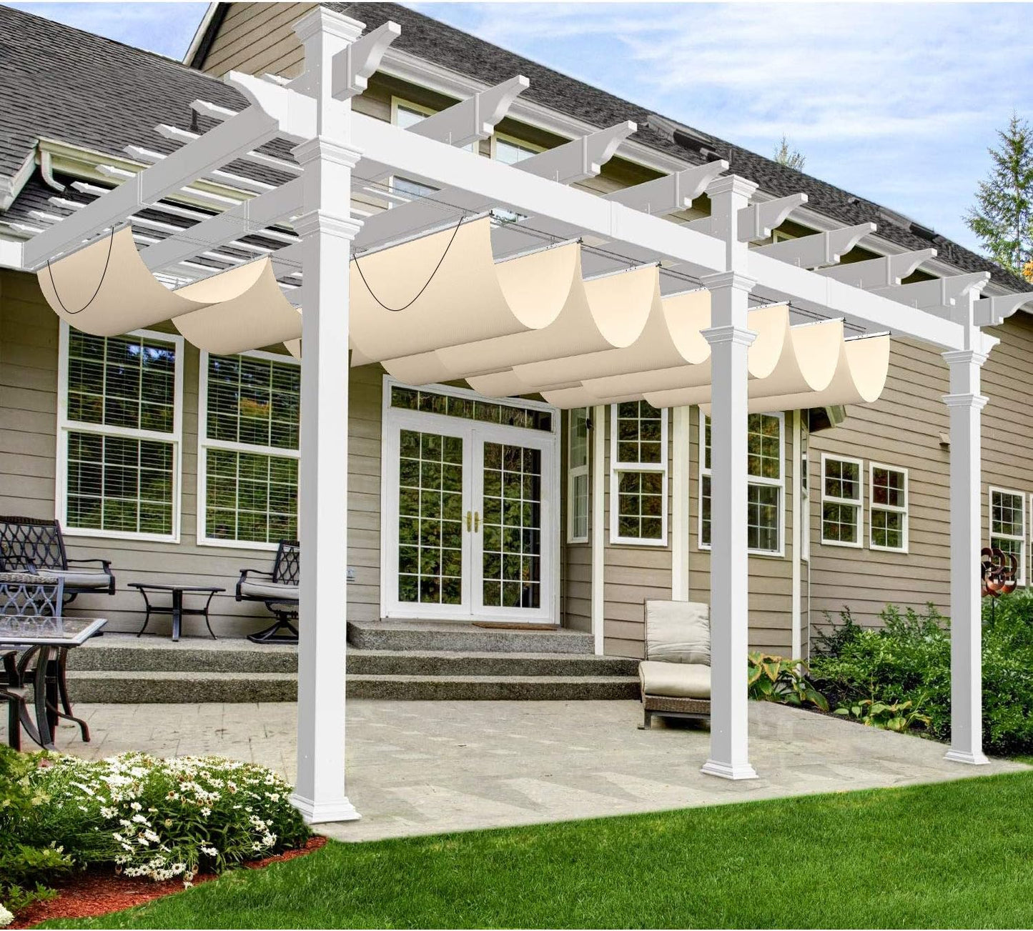 Windscreen4less 7' x 16' Waterproof Retractable Sun Shade Canopy Cover Sliding Wave Shade Sail for Pergola Patio Deck Yard Gazebo Outdoor (Beige)