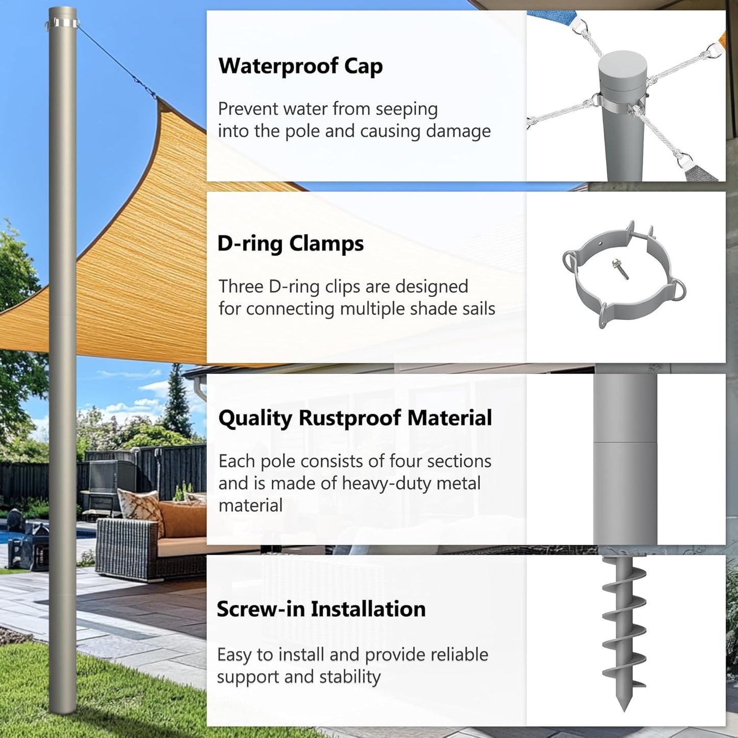 Shade Sail Poles, Heavy Duty Sun Shade Poles, Screw in Poles for Sun Shades Outdoor, 12 Ft Sun Shade Sail Poles with D-Clamps, 2.28" Sun Shade Pole Kit for Ground Soil Backyard, 2 Packs