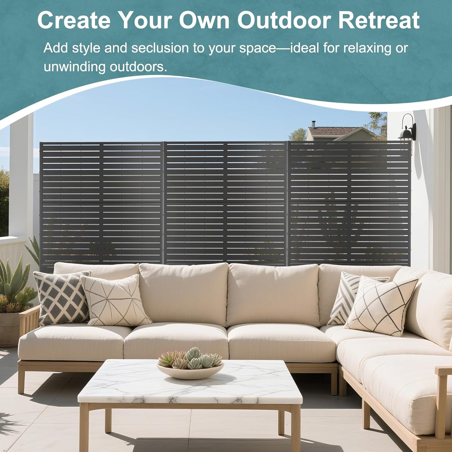 Metal Privacy Screen Outdoor Freestanding Privacy Wall Panels and Decorative Patio Dividers, Crafted from Steel with Sun-Proof Design, Ideal for Patio, Deck, Garden,72"H×47"L（Black&Louvered）