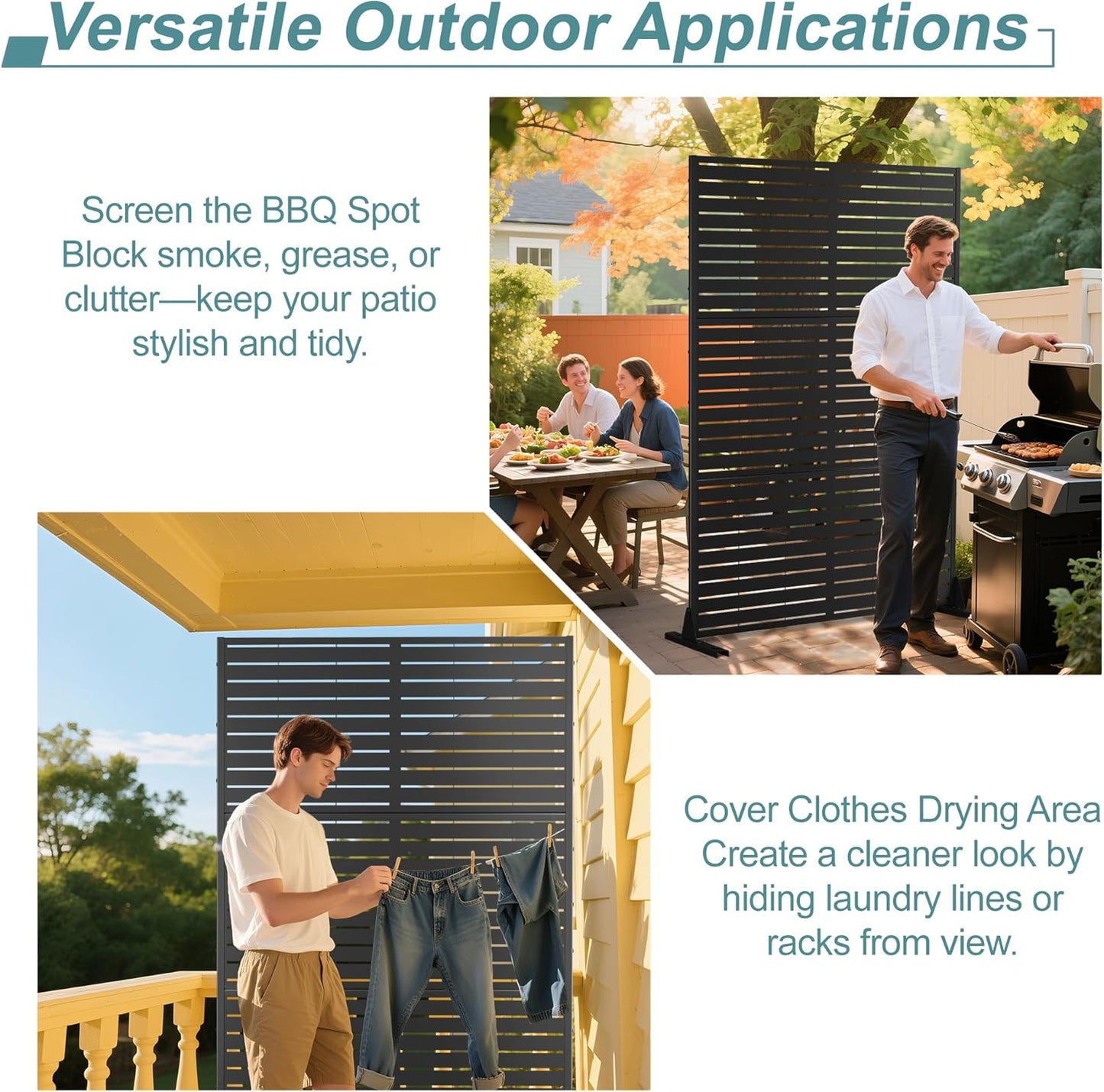 Metal Privacy Screen Outdoor Freestanding Privacy Wall Panels and Decorative Patio Dividers, Crafted from Steel with Sun-Proof Design, Ideal for Patio, Deck, Garden,72"H×47"L（Black&Louvered）